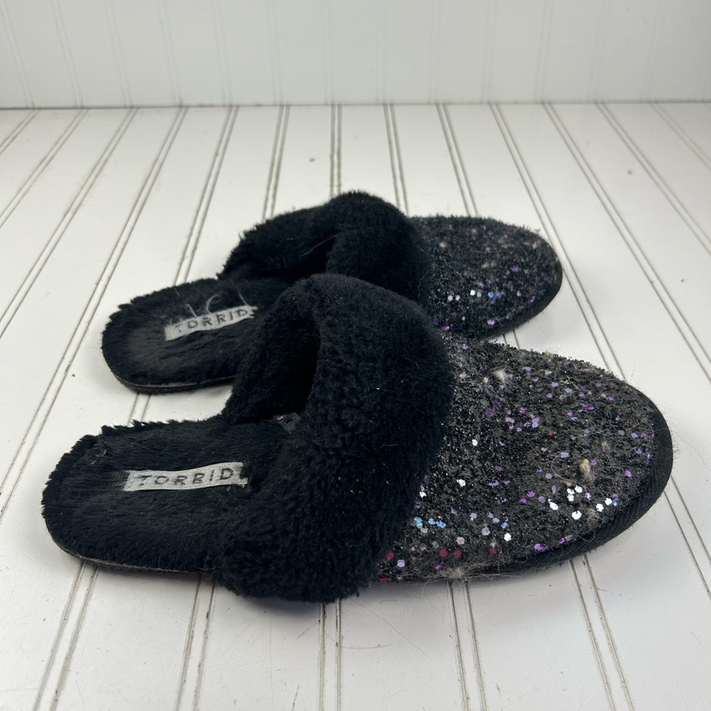Torrid Black Faux Fur Glitter Slip On Slippers Womenโs Size 9M - Picture 7 of 9